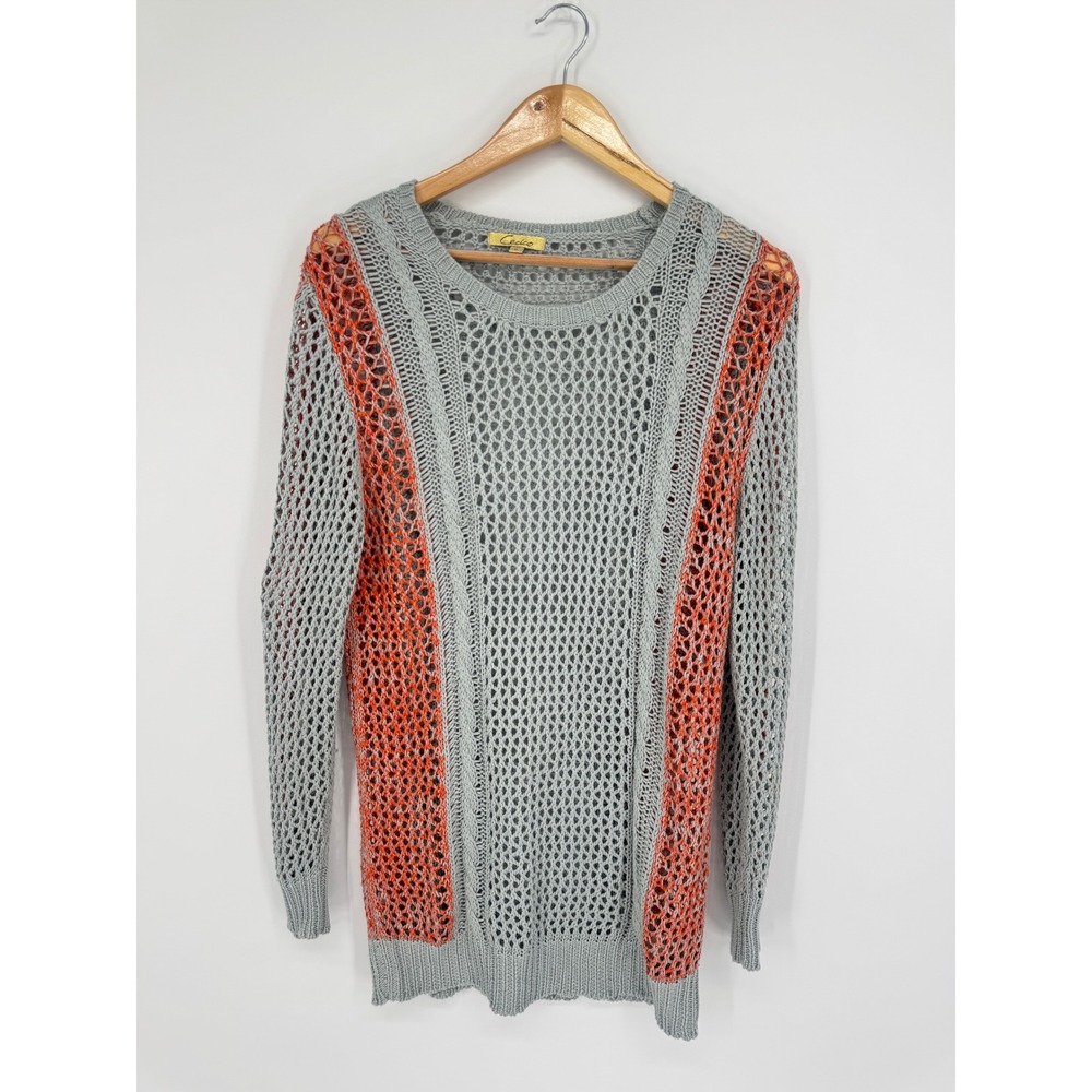 Cecico Open Knit Sweater Womens M Grey Crochet Boho Layering Hippie Vacation